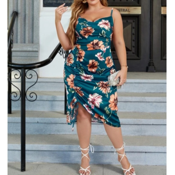 Plus size luxe floral print drawstring side cami dress - Picture 7 of 15